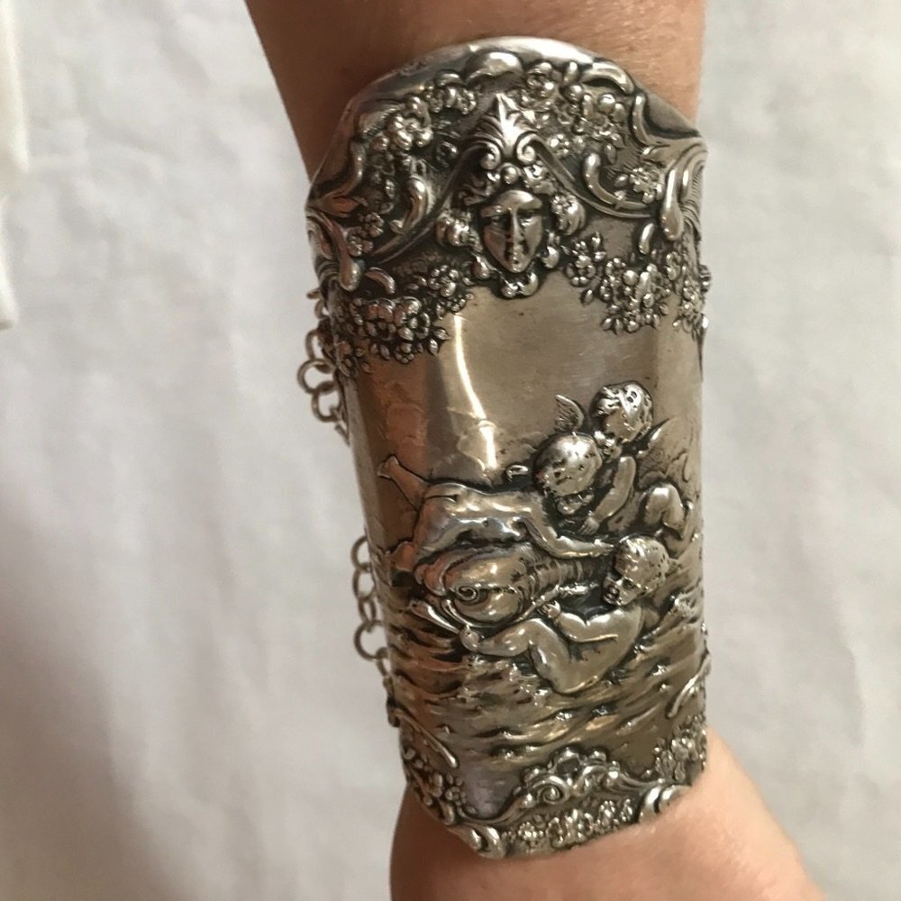 Cherub Gorham Sterling Silver 925 Bracer Wide Cuff Bracelet Gladiator Victorian - Picture 10 of 11